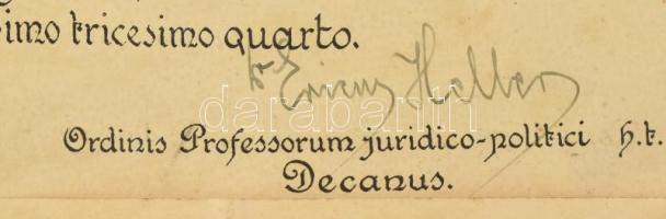 1934 Pergamen jogi diploma. Viasz függőpecséttel, nemzeti színű szalaggal. Szegedi Magyar Királyi Fe...