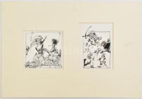 Engel Tevan István (1936-1996): Illusztrációk, 2 db mű (cím nélkül). Tus, papír. Egy paszpartuban. 16,5x12 cm