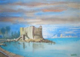Csák Máté (1938-2017): Erőd a vízben (cím nélkül). Akvarell, papír, jelzett. Paszpartuban, 28,5×40,5 cm
