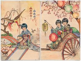 2 db RÉGI japán kézzel festett művész motívum képeslap / 2 pre-1945 Japanese hand-painted art motive postcards