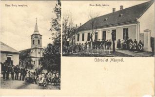 1935 Mány, Római katolikus templom és iskola. Wokaun József felvétele, Bicske (szakadás / tear)