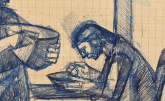 Szabó Zoltán, Angyalföldi (1929-2014): Vacsora közben, 1963. Golyóstoll, papír. Jelzett. Paszpartuba...