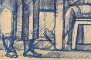 Szabó Zoltán, Angyalföldi (1929-2014): Vacsora közben, 1963. Golyóstoll, papír. Jelzett. Paszpartuba...