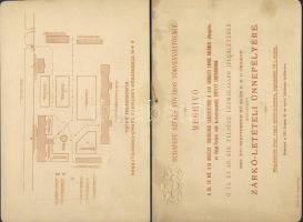 1897 Kinyitható keményhátú meghívó a mai Zrinyi M. nemzetvédelmi egyetemnek helyt adó X. kerületi laktanya Ferenc JÓzsef részvételével zajlott ünnepélyes zárókőletételére térképpel (hajtásnál kettévált, de egyébként jó állapotban)