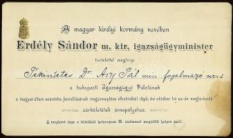 1896 Meghívó a Budapesti Igazságügyi palota zárókőletételi ünnepségére az ünnepség programjával