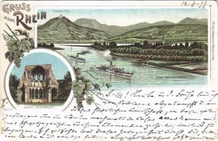 1897 (Vorläufer) Rhein, Gruss vom Drachenfels, Insel Nonnenwerth, Ruine Hesiterbach. Louis Glaser Art Nouveau, floral, litho (EM)
