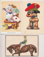 3 db RÉGI állat motívum képeslap: kutya, ló / 3 pre-1945 art motive postcards: animal, dog, horse