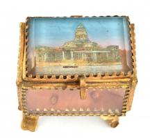 Üveg fém ékszertartó dobozka, a tetején "Palais de Justice de Bruxelles" képével, 4,5x6,5x...