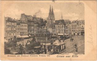 1903 Köln, Cologne; Heumarkt mit Denkmal Friedrich Wilhelm III / market, monument, horse-drawm tram, shops, café