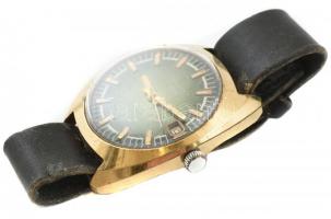 Poljot szovjet mechanikus, 17 köves óra, kopott, foltos óraszíjjal, működik