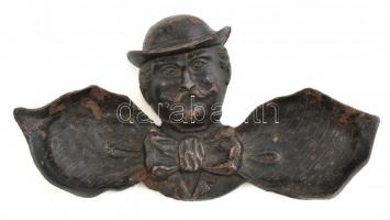 Bajuszos, kalapos, csokornyakkendős úriember fejével díszített fém hamutartó, kopott, 13x24 cm
