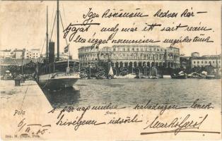 1905 Pola, Pula; Arena / amphitheatre, port, Liburnia steamship. Dep. M. Clapis (fl)