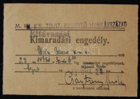 1943 Kisegítő munkásszázad eltávozási engedély