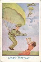 1944 Légből pottyant... / WWII Hungarian military humour art postcard, parashooter s: Bernáth (EB)