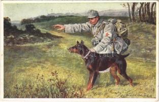 Kutass sebesült után! / K.F.A. Sanitätshunde. Such Verwund! / WWI Austro-Hungarian K.u.K. military art postcard, soldier with sanitary dog s: Franzenhofer