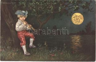 Italian Children art postcard, boy with flute and winking Moon s: Colombo