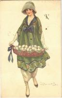 1922 Italian lady art postcard, lady with eggs, Easter. 944-4. s: Bompard (EK)
