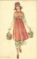1922 Italian lady art postcard, lady with eggs, Easter. 944-6. s: Bompard (EK)