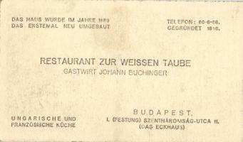 cca 1930 Budapest I. Fehér galamb étterem reklámkártya