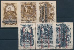 1922 Bélyeggyűjtők hete 2 klf levélzáró hármascsík / 2 different labels in stripes of 3