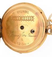 XIX. sz. második fele: 14 K arany női kulcsos zsebóra. Gazdagon díszített, jelzett tokkal. 9 köves s...