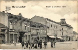 Marosvásárhely, Targu Mures; Széchenyi tér, Návay Bogdán, Izmael János, Kondray János, Tánczos Gyula üzlete, Központi szálloda, Csizmakészítő Társulat, Hotel Transilvania szálloda és kávéház, Gyógyszertár / square, shops, hotel, café, pharmacy