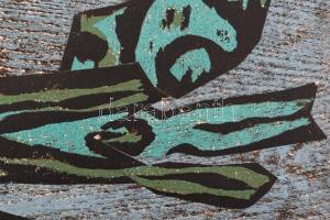 Veress Pál (1920-1999): Menekülő madár, 1986. Fametszet, kollázs, papír, jelzett. 25,5×39,5 cm. Élet...