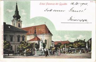 1903 Gyula, Erkel Ferencz tér, templom, kút vízhordó kocsik, szobrok. Dobay János kiadása és tulajdona