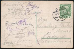 1912 Az FTC focicsapat tagjainak, így Schlosser, Blum, Fritz, Pataki, Koródy, Borbás dr., Rumbold aláírásával Bécsből a Rapid Wien elleni meccsről küldött képeslap