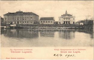1903 Lugos, Lugoj; Kir. főgimnázium és színház. Nemes Kálmán tulajdona / grammar school and theatre