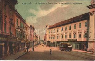 1908 Temesvár, Timisoara; Szt. György tér, Zápolya utca, villamos, Maison Lechner, Müller Péter vegyi tisztító, Moran Miksa üzlete, szálloda / square, street, tram, hotel, shops