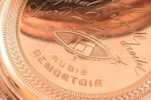 Remontoir 14K arany (Au) zsebóra jelzett, hibátlan, működő állapotban bruttó 77,8 g, d: 50 mm / Remo...
