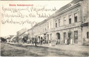 1908 Székelykeresztúr, Kristur, Cristuru Secuiesc; utca, Jakab István üzlete / street with shops