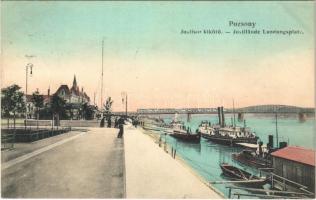 1908 Pozsony, Pressburg, Bratislava; Justisor kikötő, gőzhajó / Justilände Landungsplatz / port, steamship