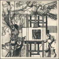 Raszler Károly (1925-2005): Festőállvány. Rézkarc, papír, jelzett, 13×13 cm