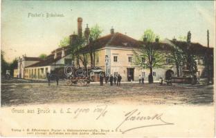 1900 Lajtabruck, Bruck an der Leitha; Fischer sörfőzde, sörös hordókat szállító lovaskocsi. H. Effenberger / Bräuhaus / brewery, square, statue, horse cart with beer barrels