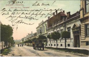 1909 Eszék, Essegg, Osijek; Jäger-ova ulica / Jägergasse / Vadász utca, Rajal szálloda lovashintója. Selzer i Rank No. 2021. / street, hotel horse chariot