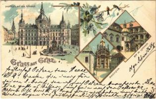 1899 (Vorläufer) Graz, Hauptplatz mit dem Rathhaus, Mausoleum, Hof im Landhaus / main square, town hall, mausoleum. E. Presuhn Art Nouveau, floral, litho