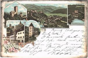 1895 (Vorläufer) Friesach, Geiersberg, Stadtgraben, Donjon, Römischer Brunnen / castle tower, Roman fountain. Art Nouveau, loral, litho