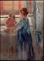 Ócsvár Rezső (1877-1968): Anyuka és Sárika az ablaknál, 1909. Akvarell, papír, jelzett, 37×27 cm