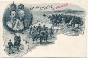 1897 Vorläufer) Gruss aus Totis an Budapest. Erinnerung an die Kaiser-Manöver, Franz Josef, Wilhelm II. / Üdvözlet a tatai császári és királyi hadgyakorlatokról! II. Vilmos császár és Ferenc József / Greeting from the k.u.k. military maneuvers. Franz Joseph and Wilhelm II. A.L. Koppe Art Nouveau, floral, litho