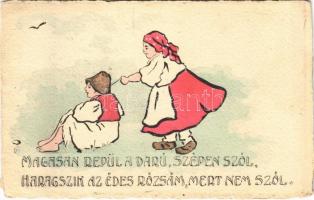 1916 Magasan repül a daru, szépen szól, haragszik az édes rózsám, mert nem szól... Magyar folklór művészlap / Hungarian folklore art postcard