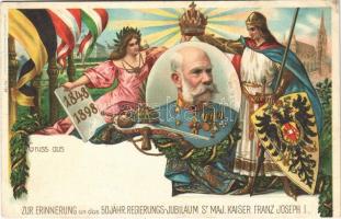 1848-1898 Zur Erinnerung an das 50 jähr. Regierungs Jubiläum Sr. Maj. Kaiser Franz Josef I. / Ferenc József uralkodásának 50. évfordulója / Franz Joseph's 50th anniversary of reign. Art Nouveau, floral, litho (EK)