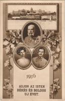 1916 Budapest I. Királyi vár. Adjon az Isten békés és boldog új évet (Ferenc József, IV. Károly és Zita). Art Nouveau mozaik