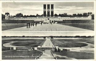 1937 Nürnberg Reichsparteitaggelände. Luitpoldarena, Mahnmal mit Tribünen / Nuremberg Rally grounds. NSDAP German Nazi Party propaganda, swastika flags (szakadás / tear)