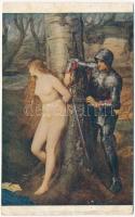 Der Retter / The Knight Errant. Erotic nude lady art postcard. Salon J.P.P. 1105. s: Millais (r)