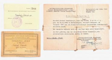 1933-1950 Dr. Székely István egykori koncentrációs táborba zárt orvos 3 db dokumentuma: a Budapesti Orvosok Szövetsége tagsági jegye, a Halberstadt melletti langensteini koncentrációs táborból való elbocsátó levele (KL-Nr. 97408), pecsételve, aláírva és a Magyarországi Szimbolikus Nagypáholy tagsági kártyája