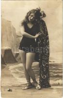 1925 Gently erotic lady in swimsuit. P.C. Paris 1707. (EK)