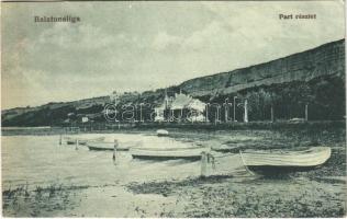 1918 Balatonaliga, Kőfal a parton, csónakok a kikötőben + PRAGERHOF-BUDAPEST 8. mozgóposta