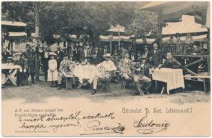 1902 Budapest XVIII. Pestszentlőrinc, Pusztaszentlőrinc, Szentlőrinc; Polgári kör Erzsébetligeti vendéglője, kert, magyar zászló és címer, várostáblák. Podoletz Gusztáv kiadása (EK)